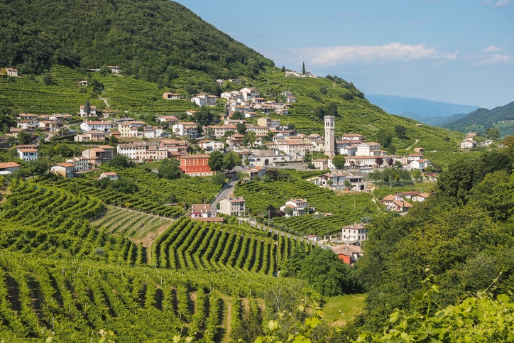 Small town of Valdobbiadene, surrounded by vineyards, zone of production of traditional italian white sparkling wine Prosecco