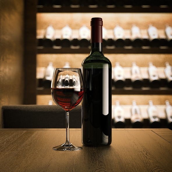 Wine bottle with glass on the wooden table in liquor store. 3d rendering